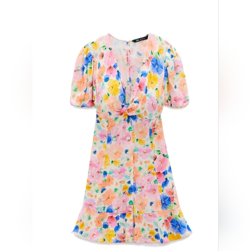 Zara Peach Floral Print Dress with Multicolor Blooms M - Picture 3 of 7